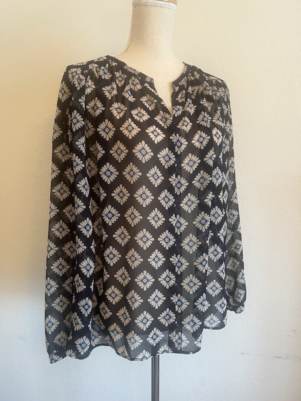 LOFT XSM Sheer Black Floral-Print Long-Sleeve Blouse